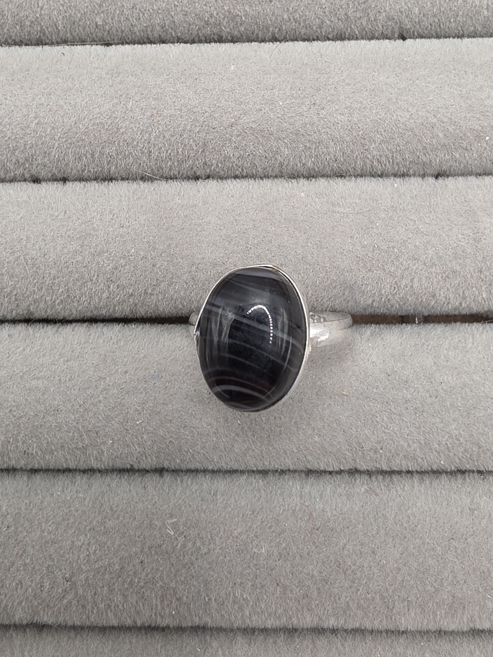 Black Striped Agate Silver Plated Statement Ring Size 7 1/2
